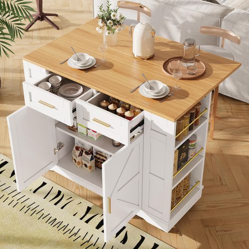Moderne Kücheninsel, Küchenschrank, buffetschrank, Speisewagen mit Holzmaserung, buffetschrank, Multifunktionale Esstisch mit Speicherraum, Speisewagen mit Stretchfunktionsschränken, weiß