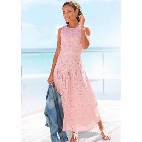 Spitzenkleid BUFFALO, Damen, Gr. 38, N-Gr, lila (mauve), Web, Obermaterial: 100% Baumwolle. Futter: 100% Viskose, unifarben, modisch, figurumspielend knöchelfrei, Rundhals, ohne Ärmel, Kleider, in Maxilänge, modische Lochstickerei, elegant