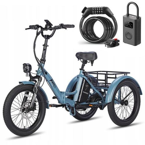 Dreirad faltbar Fahrrad Elektrofahrrad 3 Rad Fat Bike 48V LCD 18.2Ah Blau+Schwarzer Fahrradkorb +Aufblaspumpe + Fahrradschloss
