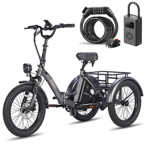 Dreirad faltbar Fahrrad Elektrofahrrad 3 Rad Fat Bike 48V LCD 18.2Ah Schwarz+Schwarzer Fahrradkorb+Aufblasbare Pumpe + Fahrradschloss
