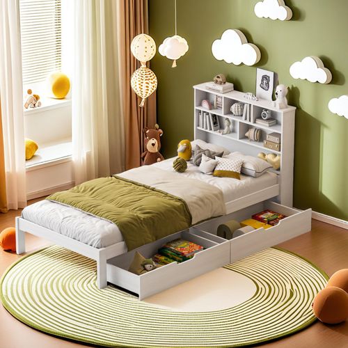 ProximaX 90x200 cm Kinderbett mit 2 Schubladen, Einzelbett aus Massivholz, Regalen, Lattenrost, Tafel - Weiß