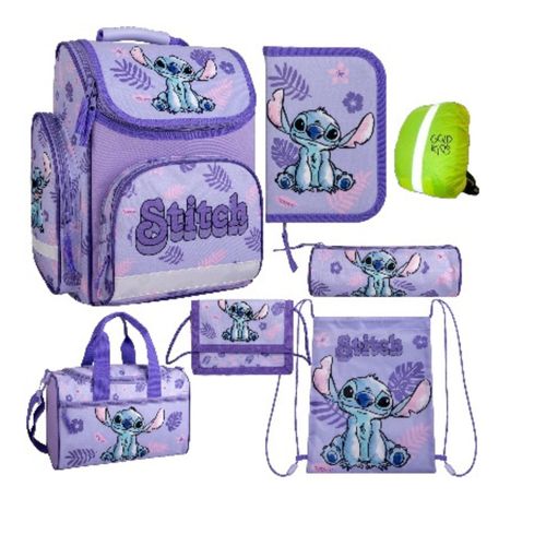 Schulranzen für Jungen und Mädchen, 7er-Set - Schul-Rucksack für Kinder mit Federmäppchen- Schuhbeutel Sporttasche und Regenschutz- Stitch