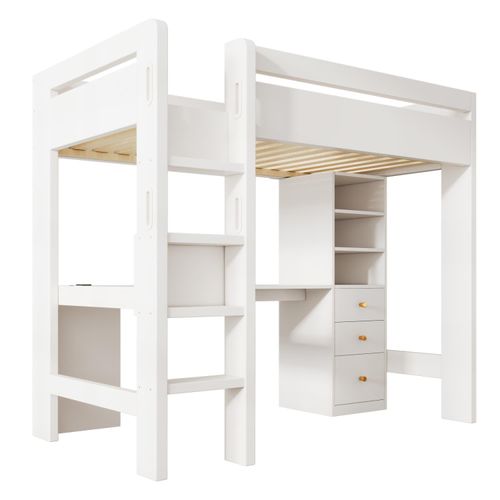 Kinderbett Hochbett mit L-förmigem Schreibtisch, Regalen und Schubladen mit USB/Type-C Ladebereich, Jugend-Einzelbett mit Leiter und Holzlattenrost