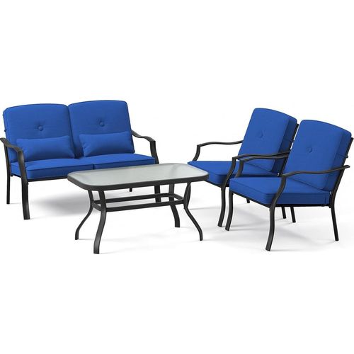 Gartenmöbel 4er Set, Outdoor-Konversations-Set mit 3 gepolsterten Stühlen & 1 Couchtisch aus gehärtetem Glas, Freizeit-Set mit Metallrahmen, Blau