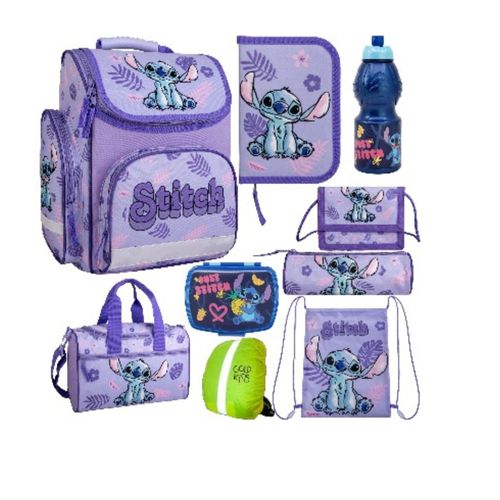 Schulranzen für Jungen und Mädchen, 9er-Set - Schul-Rucksack für Kinder mit Federmäppchen- Schuhbeutel Sporttasche und Regenschutz- Stitch