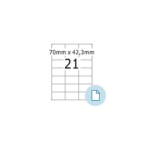 Blattetiketten HERMA 8421, permanenthaftend, bedruckbar, B 70 x H 42,3 mm, Papier, weiß, 10500 Stück/500 Blatt