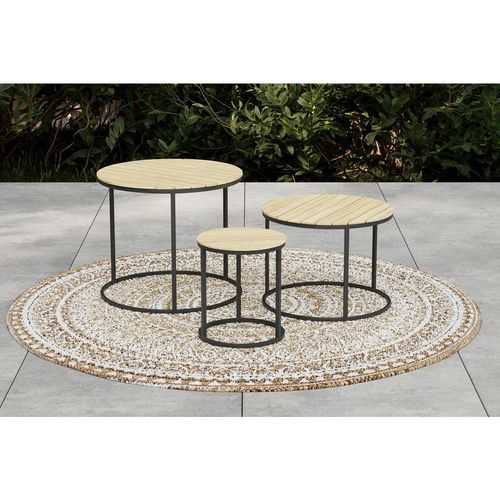 Ambia Garden Garten-Beistelltischset , Akazie , Holz, Metall , 3-teilig , Akazie , massiv , rund , rund , 76x56x36 cm , Balkonmöbel, Balkontische