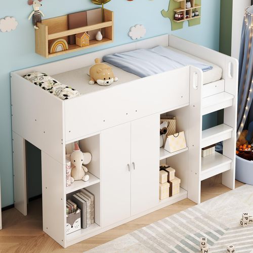 Multifunktionales Hochbett 90*200 mit Stauraum , Schrank und Regalen – Kinderbett mit Leiter und stabiler Konstruktion Weiß