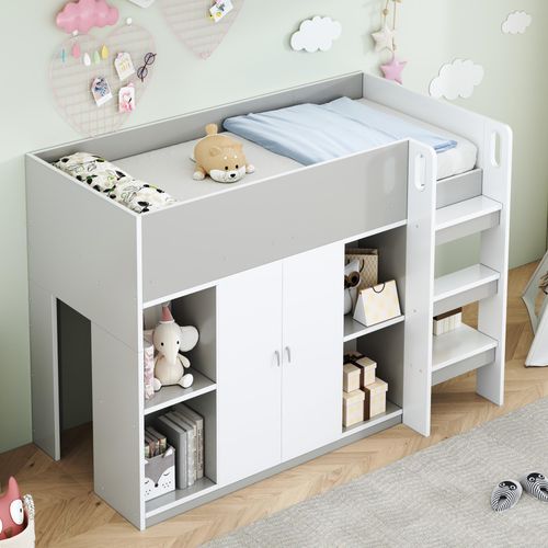 Multifunktionales Hochbett 90*200 mit Stauraum , Schrank und Regalen – Kinderbett mit Leiter und stabiler Konstruktion Grau