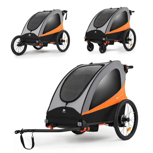 Kinderkraft NAVA 3in1 – Fahrradanhänger, Jogger & Buggy bis 60 kg, luftbereift, gefedert, faltbar, für 1–2 Kinder, Orange