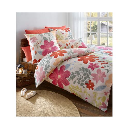 Bettwäsche HEINE HOME Gr. 5, pink (weiß, fuchsia, bedruckt), B/L: 135cm x 200cm, 2-teilige Garnitur St., 2-teilige Garnitur St., Mako-Satin, B/L: 40cm x 80cm, Mako-Satin, 100% Baumwolle, Bettwäsche