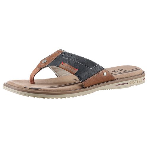 Zehentrenner MUSTANG SHOES, Herren, Gr. 49, navy, cognacfarben, Lederimitat, kontrastfarbene Details, casual, Schuhe, Sommerschuh, Schlappen, Poolslides, Badeschuh, stylische Farbkombi