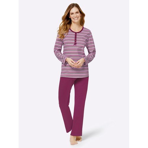 Schlafanzug WÄSCHEPUR, Damen, Gr. 36/38, lila (malve, malve, geringelt), 100% Baumwolle, Langarm, Homewear-Sets