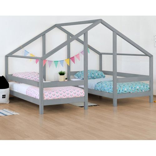 Wooden House Bed for Two Children VILLY - Grey - 90 x 200 cm