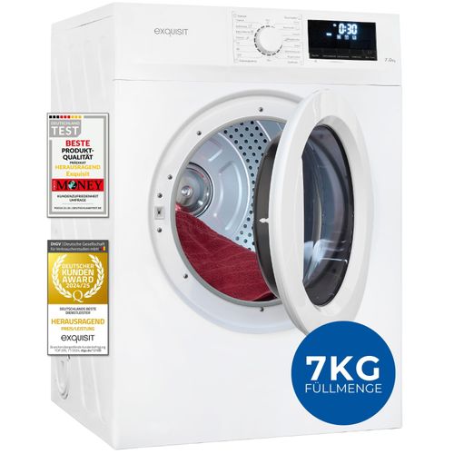 Exquisit Wäschetrockner 7kg, Trockner, Startzeitvorwahl, Knitterschutz, Ablufttrockner, 15 Programme, Kindersicherung, Energieklasse G, TAE70-70 weiss