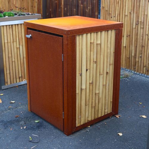 BambusBASIS Mülltonnenbox Dach/Pflanzbeet + Tür(en) mit Bambusmotiv, 3x 240l Tonne, Corten, Bambus hell