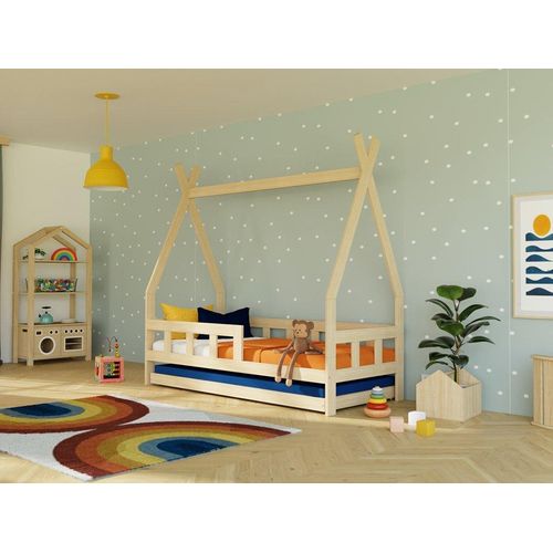 Kinder-Tipi-Bett FENCE 4-in-1 aus Holz mit Barriere und Ausziehbett 90x200 cm Dunkelgrau, Mit einer Barriere