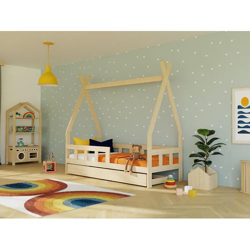 Kinder-Tipi-Bett FENCE 4-in-1 aus Holz mit Barriere und Aufbewahrungsschublade 90x160 cm Hellgrau, Mit offenem Eingang
