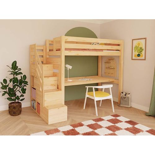 Hochbett MAKALU mit Stauraumtreppe und Schreibtisch 90x200 cm Transparente Lasur