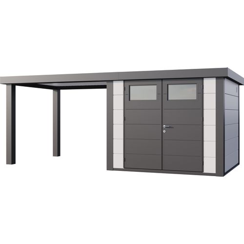 Telluria Metallgerätehaus Classico 2724 mit 280 cm Seitendach weiß Seitendach 280 cm links