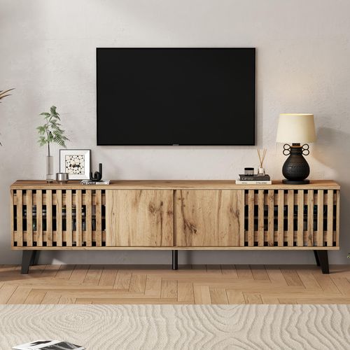 180 x 40 x 55 cm TV-Schrank, Lowboards in Originalholzfarbe, 8 separate Ablagefächer, TV-Ständer, TV-Konsolen-Entertainment-Center passend für 70-Zoll-Fernseher, geeignet für Wohnzimmer