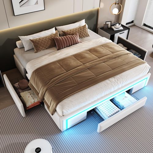 Bettgestell 180X200 mit Schubladen, Kunstleder Bett ohne Kopfteil Mit LED-Lichtleiste, MetalllattenPlattformbett,Beige