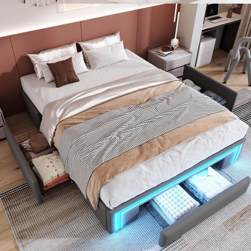 Bettgestell 140X200 mit Schubladen, Kunstleder Bett ohne Kopfteil Mit LED-Lichtleiste, MetalllattenPlattformbett,Grau