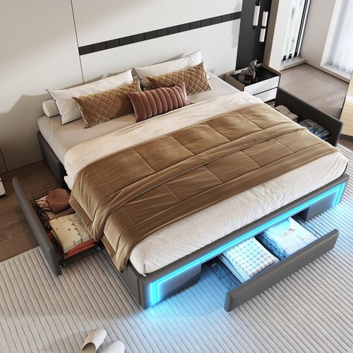 Bettgestell 180X200 mit Schubladen, Kunstleder Bett ohne Kopfteil Mit LED-Lichtleiste, MetalllattenPlattformbett,Grau