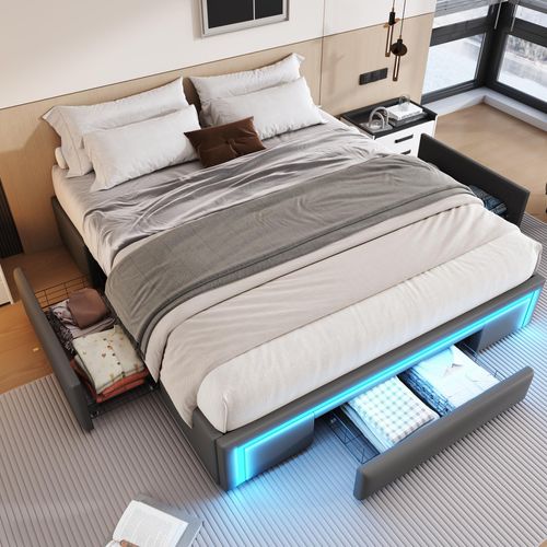 Bettgestell 160X200 mit Schubladen, Kunstleder Bett ohne Kopfteil Mit LED-Lichtleiste, MetalllattenPlattformbett,Grau