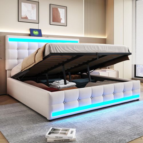 okwish Polsterbett 180×200 Jugendbett ohne Matratze mit USB und farbwechselndem LED-Lichtstreifen,Bettgestell mit Bettkasten,mit verstellbarem Kopfteil,Beige