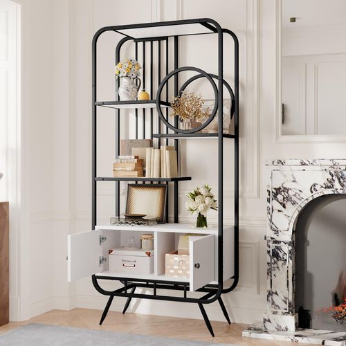 80 x 30 x 180 cm Metallregal, weißer Lagerschrank mit Doppeltür, drei Regalböden, schwarzes Metallregal, hohe Metallfüße, runde Dekoration, weiß + schwarz