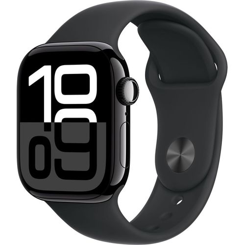 Apple Watch Series 10 GPS + Cellular 42mm glänzend schwarzes Aluminium mit schwarzem Sportband M/L