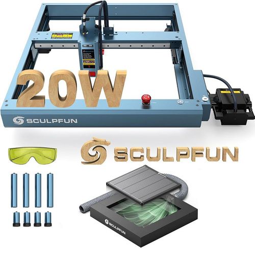 SCULPFUN SF-A9 20W Laser Gräviermaschine mit Auto Air Assist, H5 Rauchabzugs Wabenplatte Mit Abluftventilator und 1,5 m Abluftschlauch