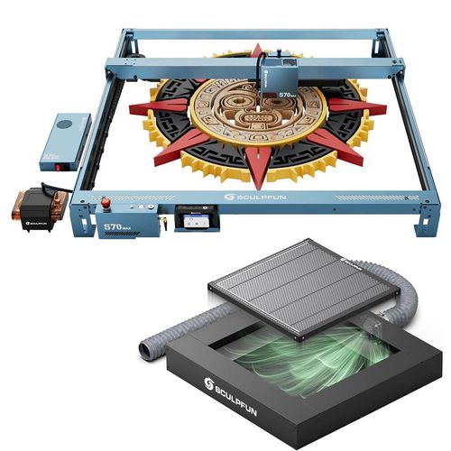 SCULPFUN S70 MAX 70W Laser Gräviermaschine mit Auto Air Assist, H5 Rauchabzugs Wabenplatte Mit Abluftventilator und 1,5 m Abluftschlauch