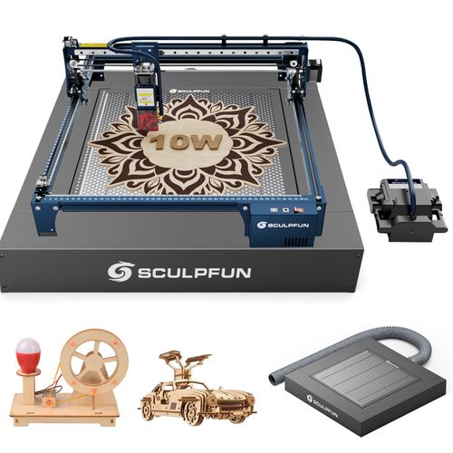 SCULPFUN S30 PRO Laser Gräviermaschine 10W mit Auto Air Assisit, H5 Rauchabzugs Wabenplatte Mit Abluftventilator und 1,5 m Abluftschlauch