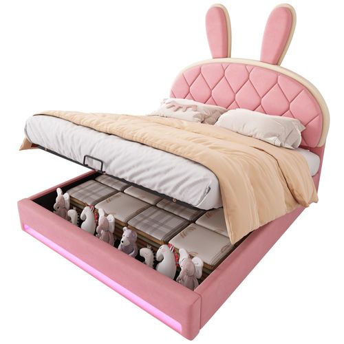Kinderbett mit LED-Beleuchtung und Stauraum, 140x200 cm, Polsterbett mit Kopfteil und Lattenrost, Samt