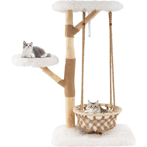 COSTWAY 123cm Kratzbaum Holz, Katzenbaum mit Hängekorb, echten Holzästen, Jute-Kratzbrettern, 2 Sitzstangen & Plattform, Haustiermöbel, Katzen, Natur