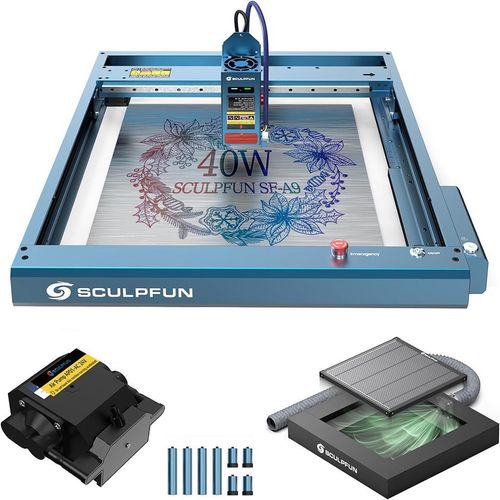 SCULPFUN SF-A9 40W Laser Gräviermaschine mit Auto Air Assist, H5 Rauchabzugs Wabenplatte Mit Abluftventilator und 1,5 m Abluftschlauch
