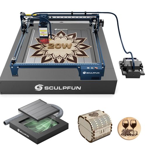 SCULPFUN S30 PRO MAX 20W Laser Gräviermaschine mit Auto Air Assist,H5 Rauchabzugs Wabenplatte Mit Abluftventilator und 1,5 m Abluftschlauch