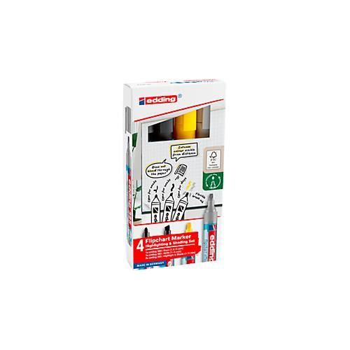 Flipchart Effektmarker Set Edding 385, 4-teilig, Schreibfarbe Schwarz, flexible Pinselspitze, Strichstärke 1-5 mm, nachfüllbar
