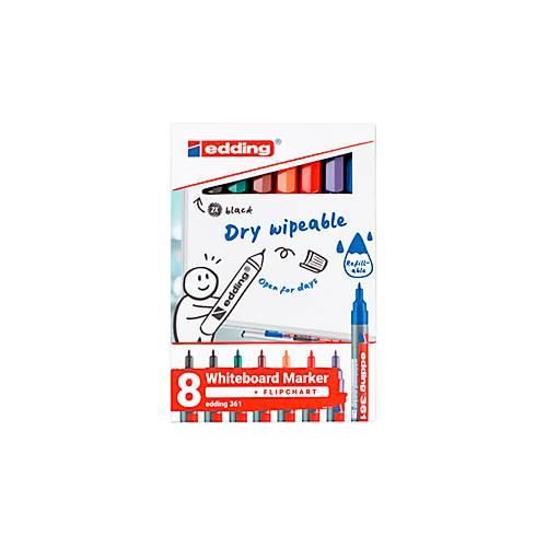 Whiteboardmarker Edding 361, Rundspitze, Strichstärke 1 mm, trocken abwischbar, mit Kappe und Clip, nachfüllbar, farbsortiertes 8er-Set