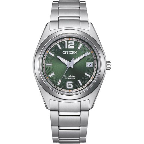 Solaruhr CITIZEN, silber (titansilberfarben, grün), Armbanduhren, Damen, Armbanduhr, Damenuhr, Titanarmband, Datum, Leuchtzeiger