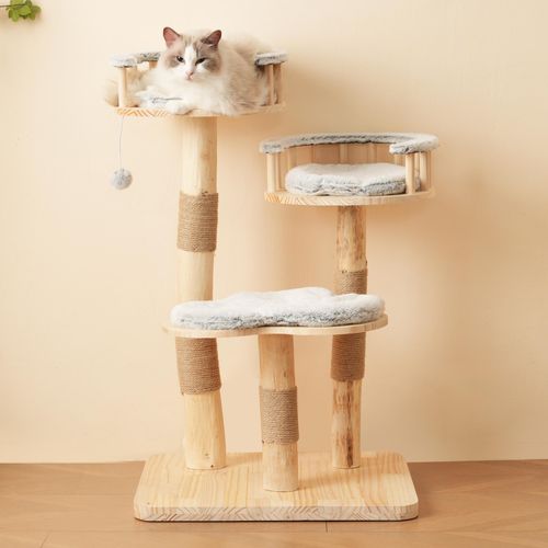 Flieks Kratzbaum mit Plüschball, Katzenbaum Katzenklettergerüst mit abnehmbaren Kratzmatten, Katzenkratzbaum mit 3-stufigem Sprungbrett, 60x48x98cm