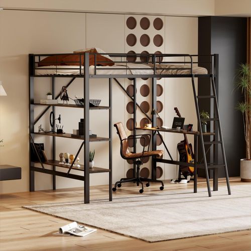 90x200cm Bettgestell Metallbett, Eisenbett, Hochbett mit Schreibtisch und drei großen Ablagen für Kinder, Jugendliche und Erwachsene, 90x200 cm, schwarz