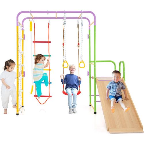 COSTWAY Klettergerüst, 8 in 1 Kletterwand, Affenstangen, Leiter, Seil, Turnring, Schaukel, Rutsche & Kletterer, Kinder Spielplatz, für Kinder 3+
