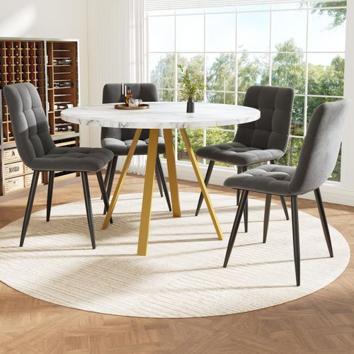 Esstisch-Set (5-teilig), runder Esstisch, 80×80×75 cm Esstisch (inkl. 4 Esszimmerstühle), runder Couchtisch für 4 Personen, Samtstühle (inkl. weißem Marmortisch), graue Esszimmerstühle