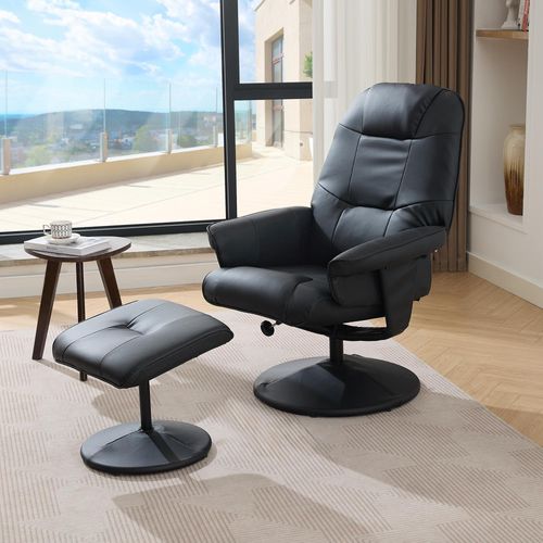 026 Massagesessel mit Liegefunktion, Heizung & Hocker, Relax-Fernsehsessel aus PolyurethanStoff, 360° Drehung, Schwarz