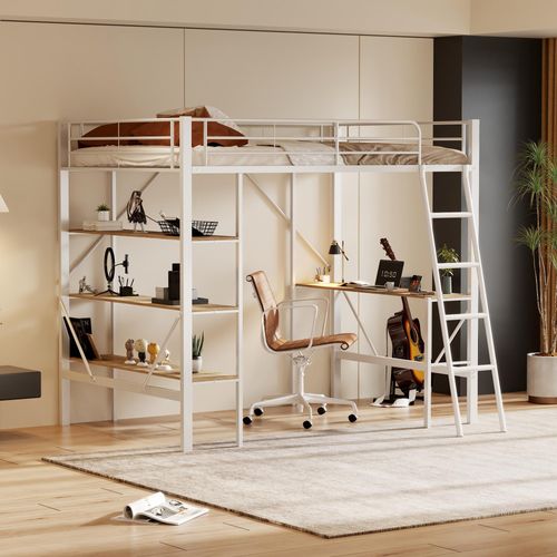 90x200cm Bettgestell Metallbett, Eisenbett, Hochbett mit Schreibtisch und drei großen Ablagen für Kinder, Jugendliche und Erwachsene, 90x200 cm,weiß