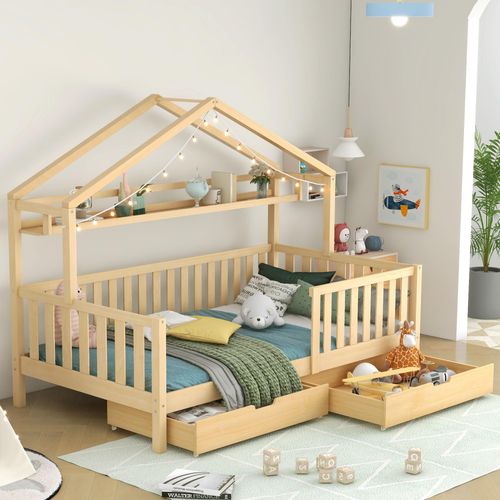 Kinderbett in Holzfarbe,Kinderbett Hausbett mit Schubladen,Massivholz mit Lattenrost, Kiefernholz Hausbett , Kinder und Jugendzimmer,90x200,Natur[OLD SKU:3226890AAW]