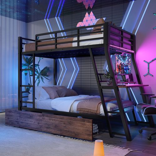 Hochbett, 90 x 200cm, Eisenrahmen, LED-Leiste, Schubladen, Geländer, Treppe, Schreibtisch, ohne Matratze, schwarz